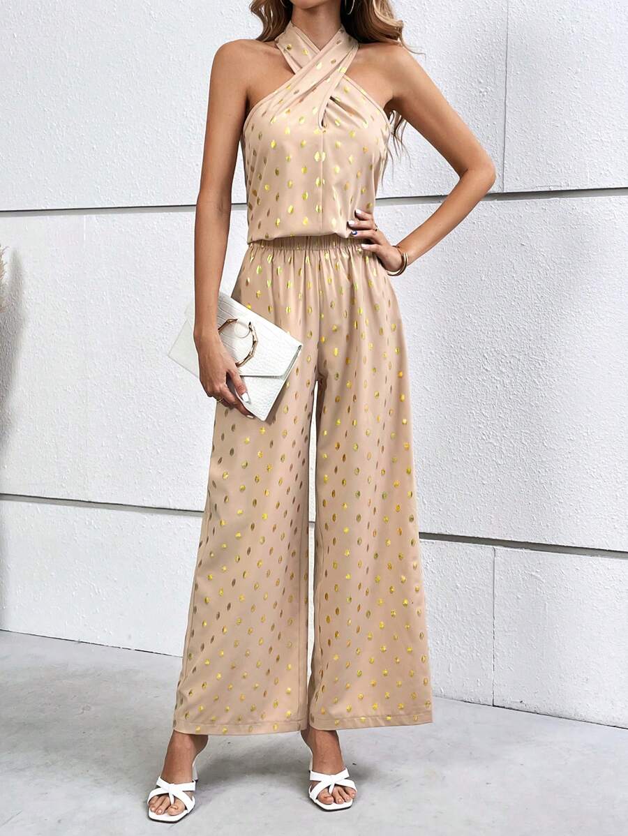 SHEIN Clasi Gold Dot Print Crisscross Halter Top & Wide Leg Trousers - Apricot - View 1