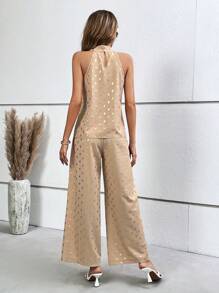 SHEIN Clasi Gold Dot Print Crisscross Halter Top & Wide Leg Trousers - Apricot - View 2