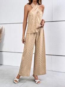 SHEIN Clasi Gold Dot Print Crisscross Halter Top & Wide Leg Trousers - Apricot - View 3
