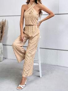 SHEIN Clasi Gold Dot Print Crisscross Halter Top & Wide Leg Trousers - Apricot - View 5