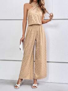 SHEIN Clasi Gold Dot Print Crisscross Halter Top & Wide Leg Trousers - Apricot - View 6