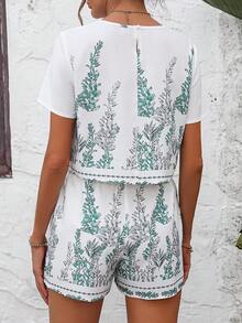 SHEIN VCAY Plants Print Blouse & Shorts - Green - View 2