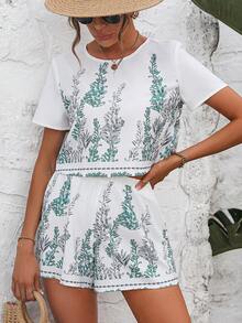 SHEIN VCAY Plants Print Blouse & Shorts - Green - View 3