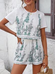 SHEIN VCAY Plants Print Blouse & Shorts - Green - View 4