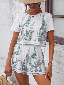 SHEIN VCAY Plants Print Blouse & Shorts - Green - View 5
