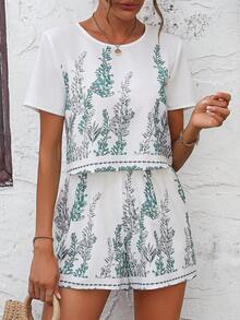 SHEIN VCAY Plants Print Blouse & Shorts - Green - View 6