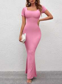 SHEIN SXY Square Neck Mermaid Hem Bodycon Dress - Pink - View 1