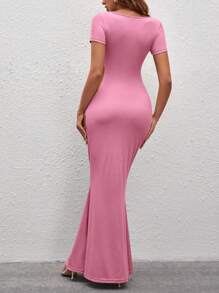 SHEIN SXY Square Neck Mermaid Hem Bodycon Dress - Pink - View 2
