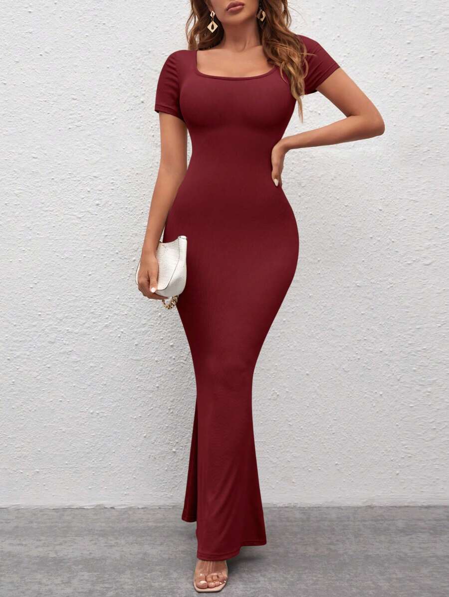 SHEIN SXY 素色方領魚尾裙下擺緊身連衣裙 - 酒紅色 - 查看 1