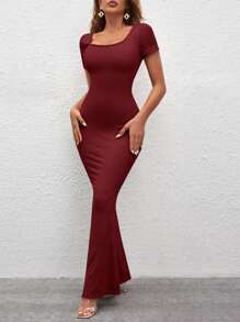 SHEIN SXY 素色方領魚尾裙下擺緊身連衣裙 - 酒紅色 - 查看 5