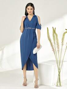 Modelyn Cold Shoulder Wrap Hem Dress Without Belt - Blue - View 1