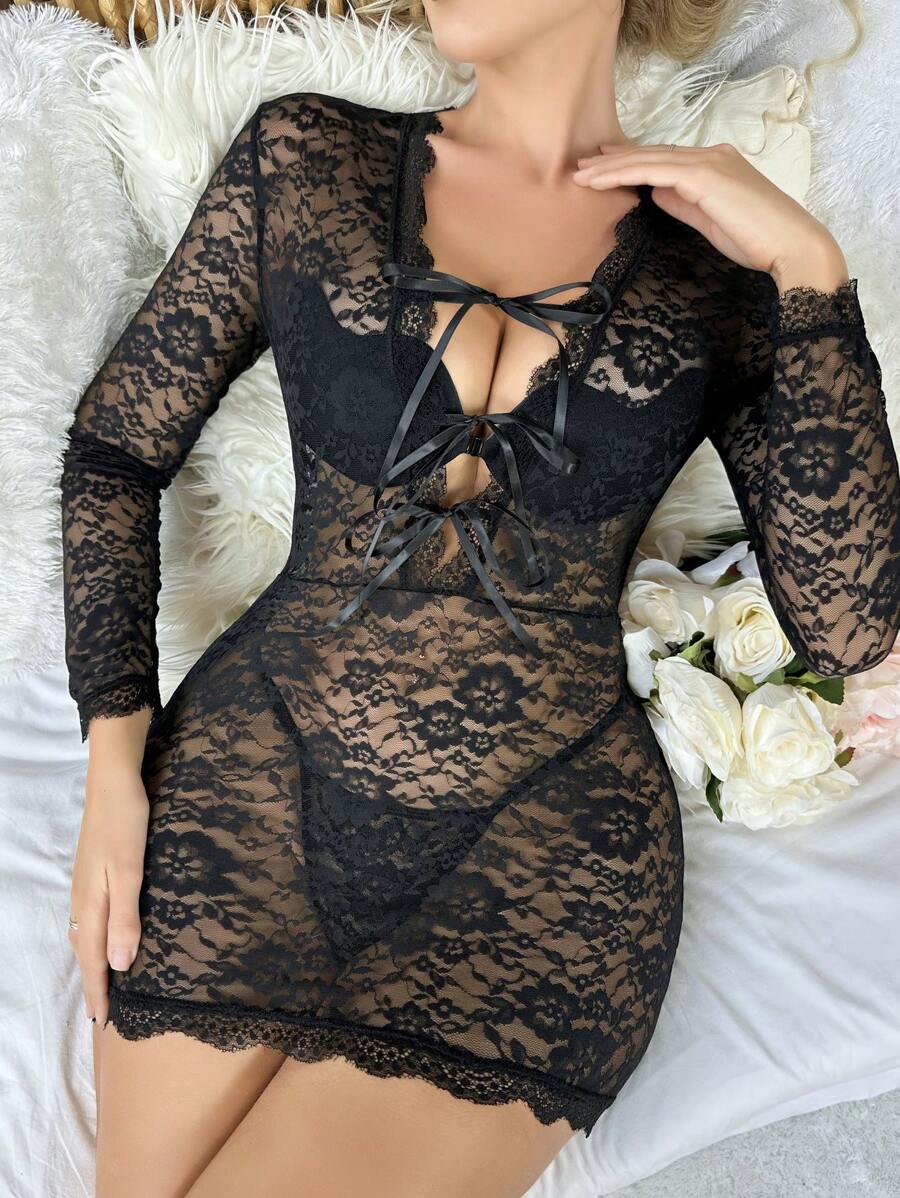 Floral Lace Tie Front Dress Without Lingerie Set - Black - View 1