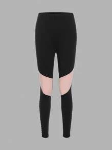 SHEIN 青少年女孩標語圖案側拼接織帶緊身打底褲 - 彩色 - 查看 1