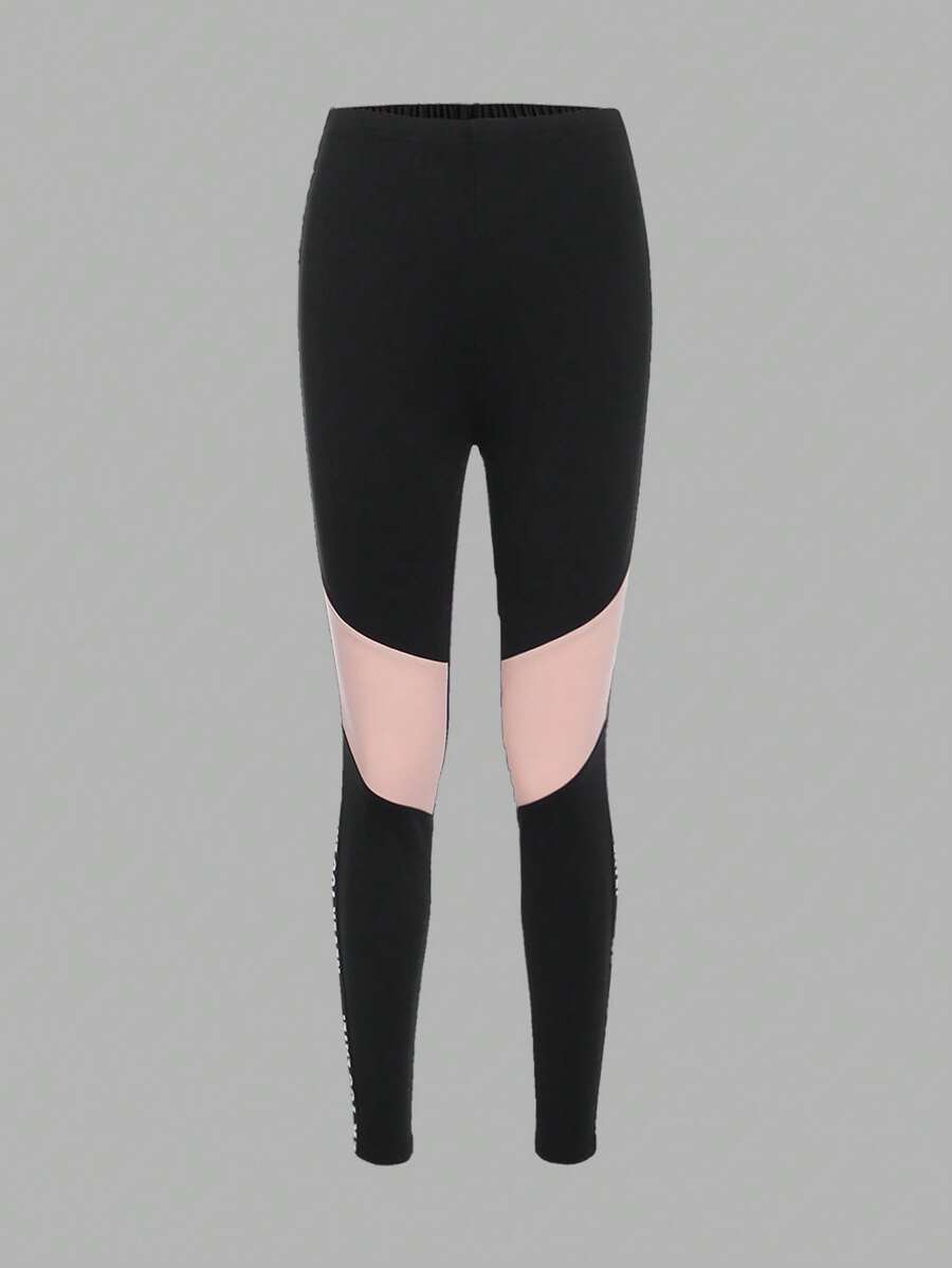 SHEIN 青少年女孩標語圖案側拼接織帶緊身打底褲 - 彩色 - 查看 1