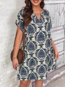 SHEIN LUNE Plus Allover Print Notched Neckline Dress, Summer,Beach Dress Sundress,Holiday Outfits Boho