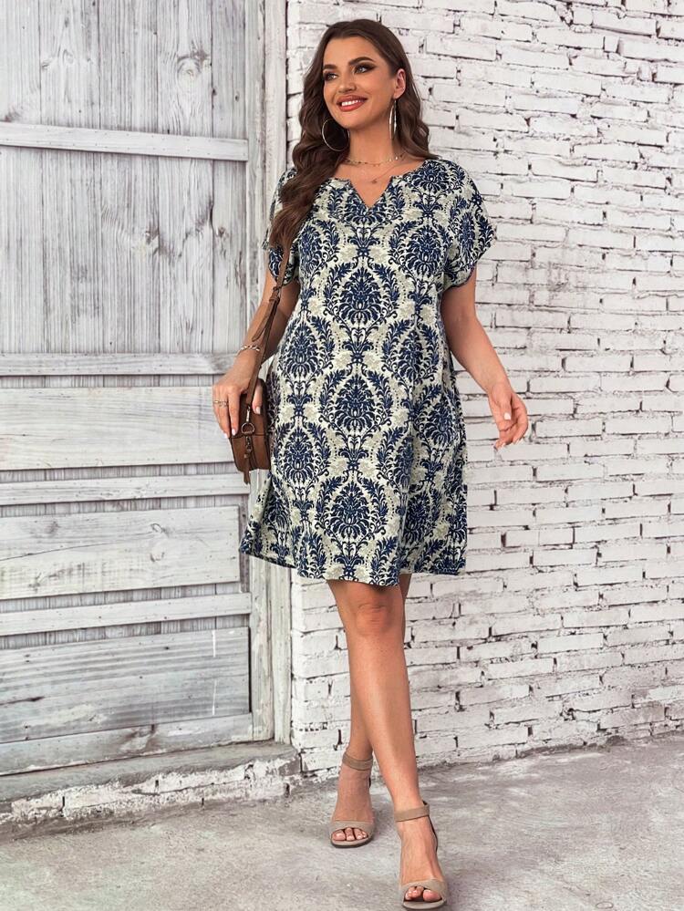 Plus Allover Print Notched Neckline Dress, Summer,Beach Dress Sundress,Holiday Outfits Boho