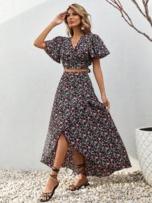 SHEIN VCAY Ditsy Floral Print Butterfly Sleeve Crop Top & Split Thigh Skirt - Black - View 6