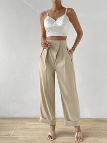 Chiquease Plicated Detail Roll Up Hem Wide Leg Trousers - Khaki - View 1
