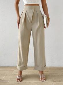 Chiquease Plicated Detail Roll Up Hem Wide Leg Trousers - Khaki - View 4