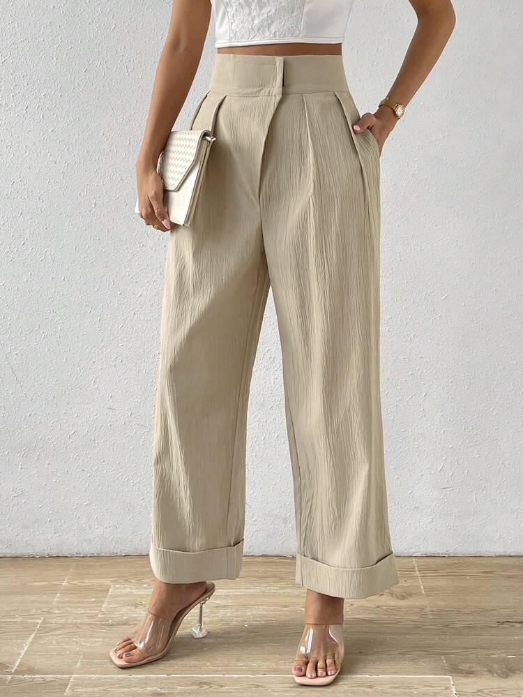 Chiquease Pantalones de pierna ancha con fruncido bajo de doblez - Caqui - Añade 5