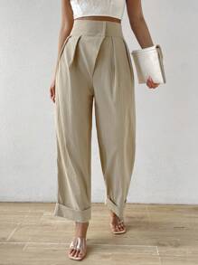 Chiquease Plicated Detail Roll Up Hem Wide Leg Trousers - Khaki - View 6