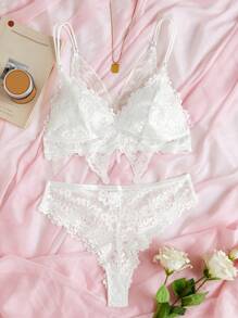 Floral Lace Scallop Trim Lingerie Set - White - View 7