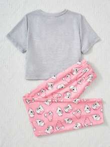 SHEIN Tween Girl Cartoon & Letter Graphic Tee & Trousers PJ Set - Multicolor - View 2