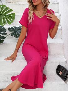 SHEIN Essnce Solid V Neck Tee Dress - Hot Pink - View 3