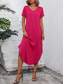 SHEIN Essnce Solid V Neck Tee Dress - Hot Pink - View 4