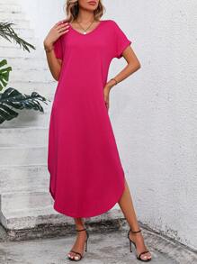 SHEIN Essnce Solid V Neck Tee Dress - Hot Pink - View 6