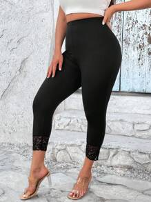 SHEIN Essnce Plus Contrast Lace Hem Leggings - Black - View 1