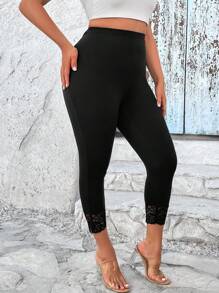 SHEIN Essnce Plus Contrast Lace Hem Leggings - Black - View 4