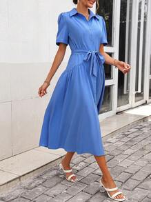 SHEIN Clasi 素色腰帶襯衫連衣裙 - 藍色 - 查看 3