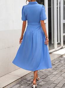 SHEIN Clasi 素色腰帶襯衫連衣裙 - 藍色 - 查看 4