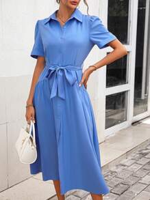SHEIN Clasi 素色腰帶襯衫連衣裙 - 藍色 - 查看 2