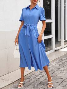 SHEIN Clasi 素色腰帶襯衫連衣裙 - 藍色 - 查看 6