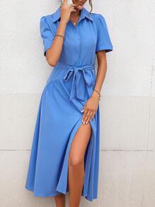SHEIN Clasi 素色腰帶襯衫連衣裙 - 藍色 - 查看 1