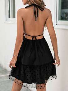 SHEIN Privé Contrast Dobby Mesh Ruffle Hem Tie Backless Halter Dress - Black - View 6