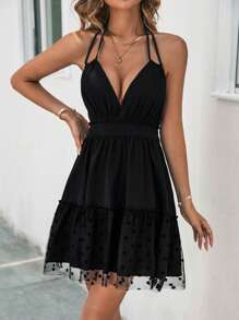 SHEIN Privé Contrast Dobby Mesh Ruffle Hem Tie Backless Halter Dress - Black - View 4