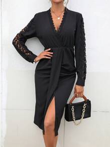 Chiquease Guipure Lace Insert Wrap Hem Dress Maxi Women Outfit - Black - View 3