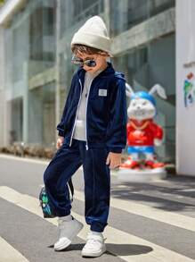 SHEIN Young Boy Letter Patched Detail Velvet Zipper Sweatshirt & Sweatpants - Royal Blue - View 1