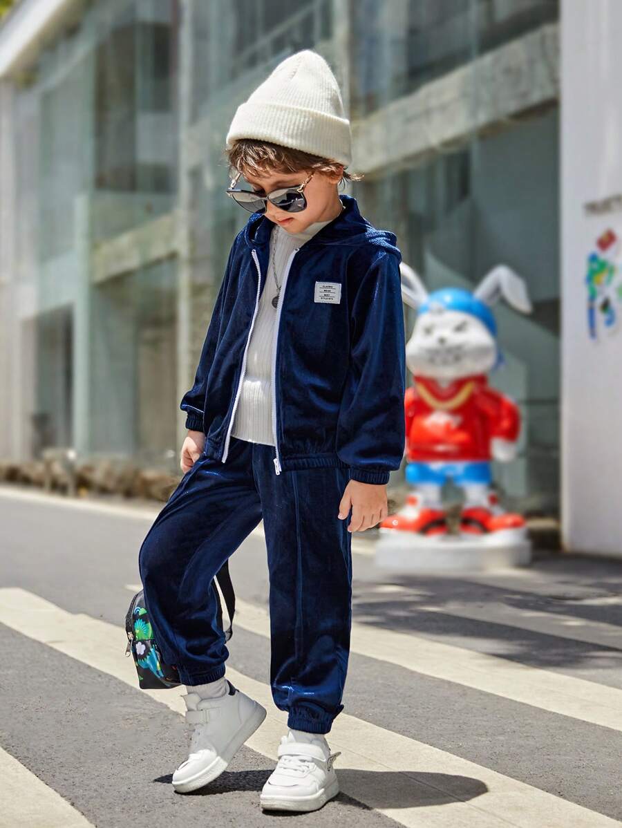 SHEIN Young Boy Letter Patched Detail Velvet Zipper Sweatshirt & Sweatpants - Royal Blue - View 1