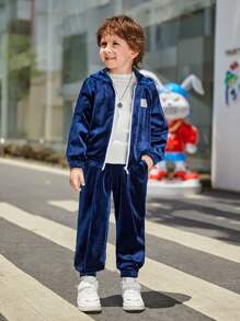 SHEIN Young Boy Letter Patched Detail Velvet Zipper Sweatshirt & Sweatpants - Royal Blue - View 3