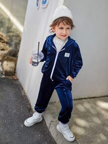 SHEIN Young Boy Letter Patched Detail Velvet Zipper Sweatshirt & Sweatpants - Royal Blue - View 4