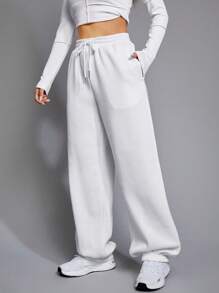 SHEIN EZwear Solid Drawstring Waist Sweatpants - White - View 3