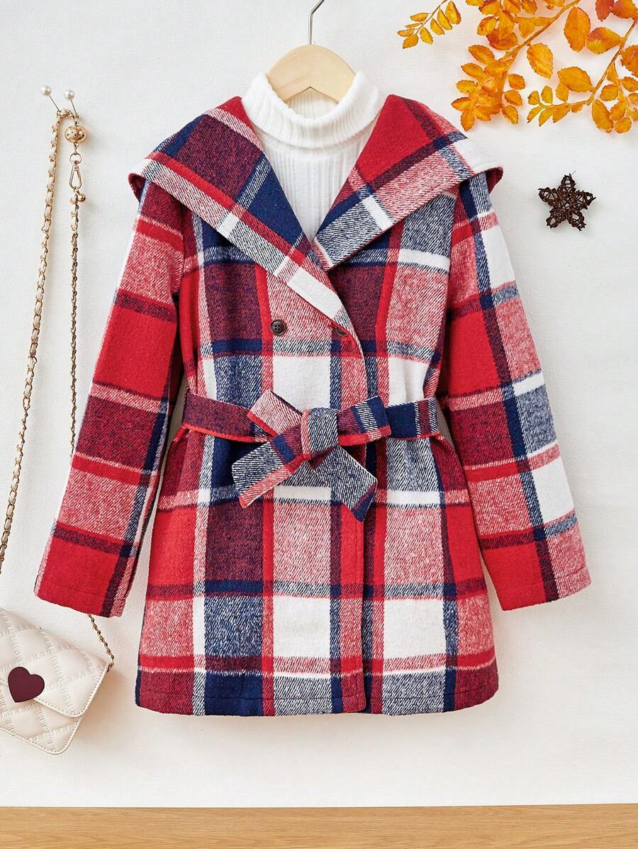 SHEIN Mantel Tween Girls Berikat Tombol Ganda Plaid Casual - MultiWarna - View 1