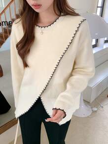 DAZY 撞色饰边落肩裹身下摆毛衣，秋装 - 白色 - 查看 1