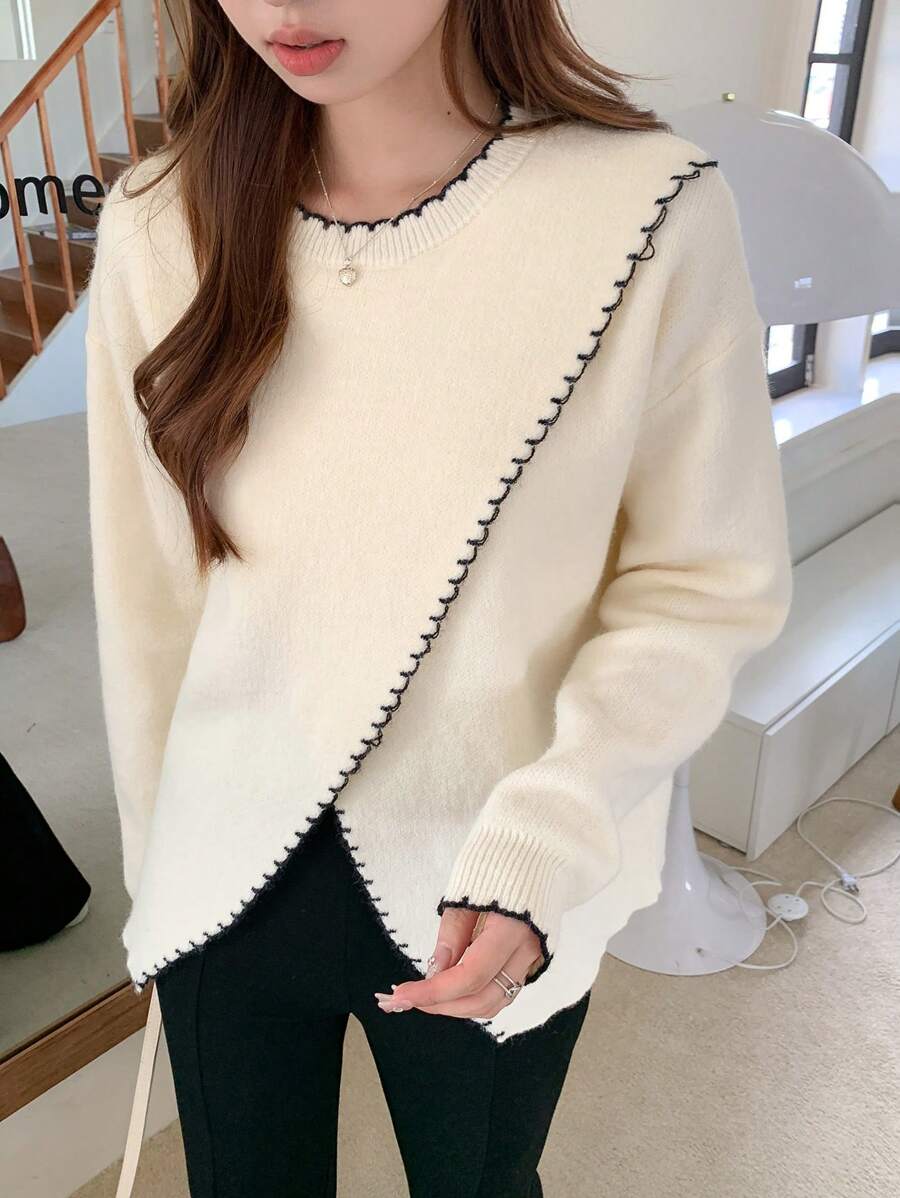 DAZY 撞色饰边落肩裹身下摆毛衣，秋装 - 白色 - 查看 1