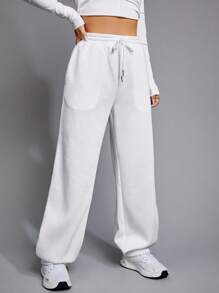 SHEIN EZwear Solid Drawstring Waist Sweatpants - White - View 4