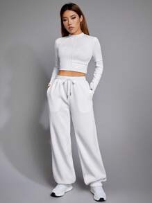 SHEIN EZwear Solid Drawstring Waist Sweatpants - White - View 1